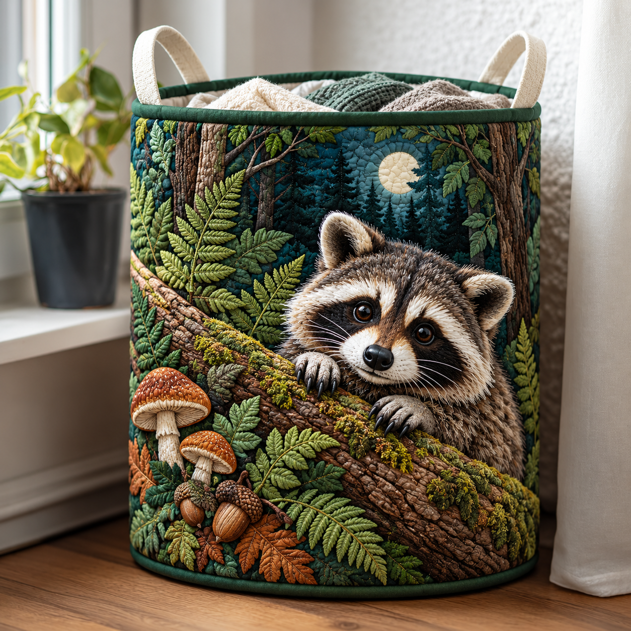 Moonlit Raccoon Woodland Quilted Laundry Basket