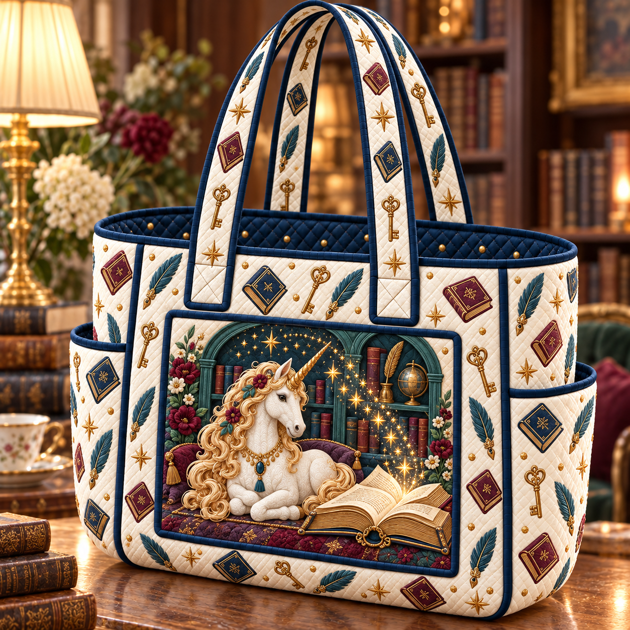 Celestial Storybook Multiple Pockets Quilted Tote Bag