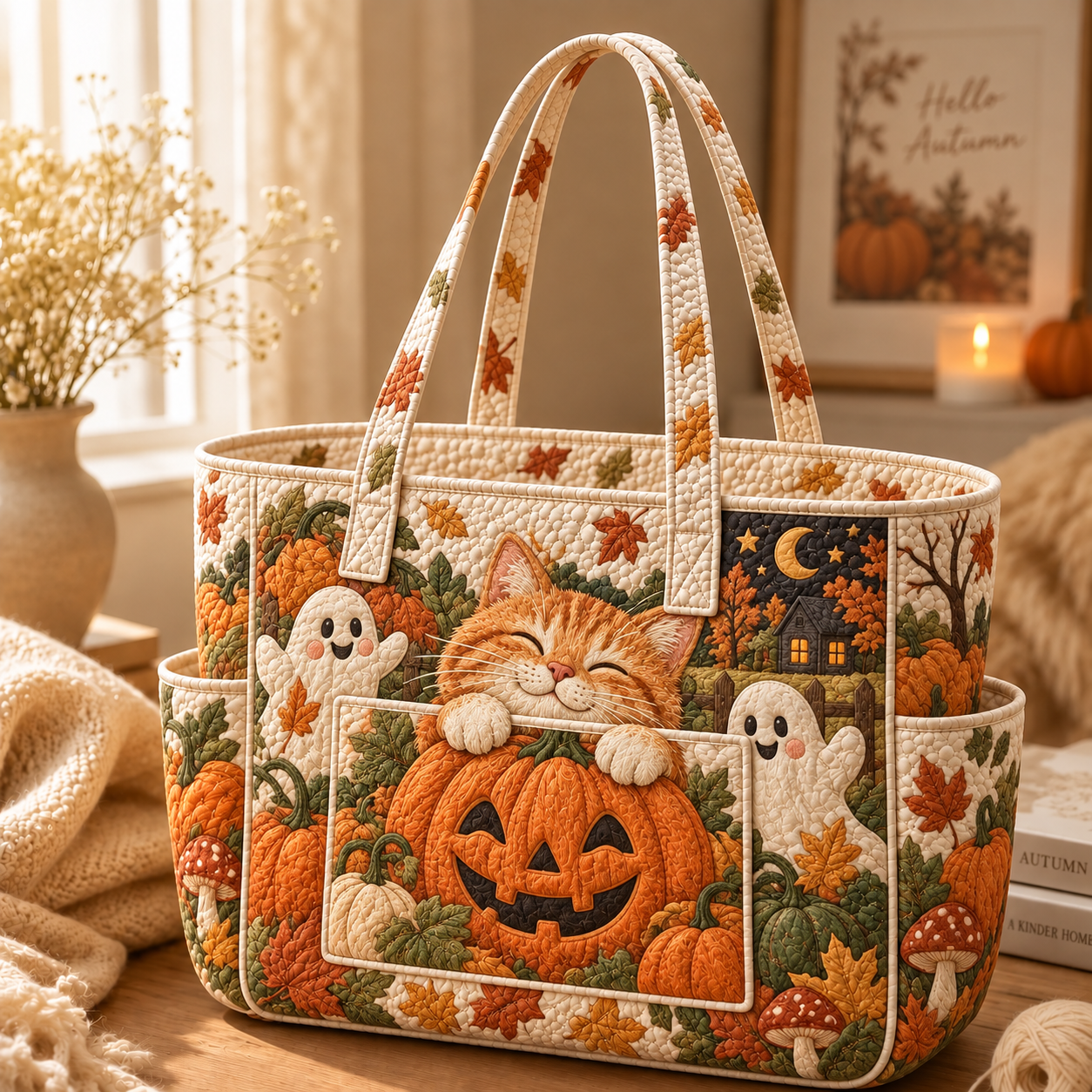 Cute Ghost & Cat Multiple Pockets Quilted Tote Bag