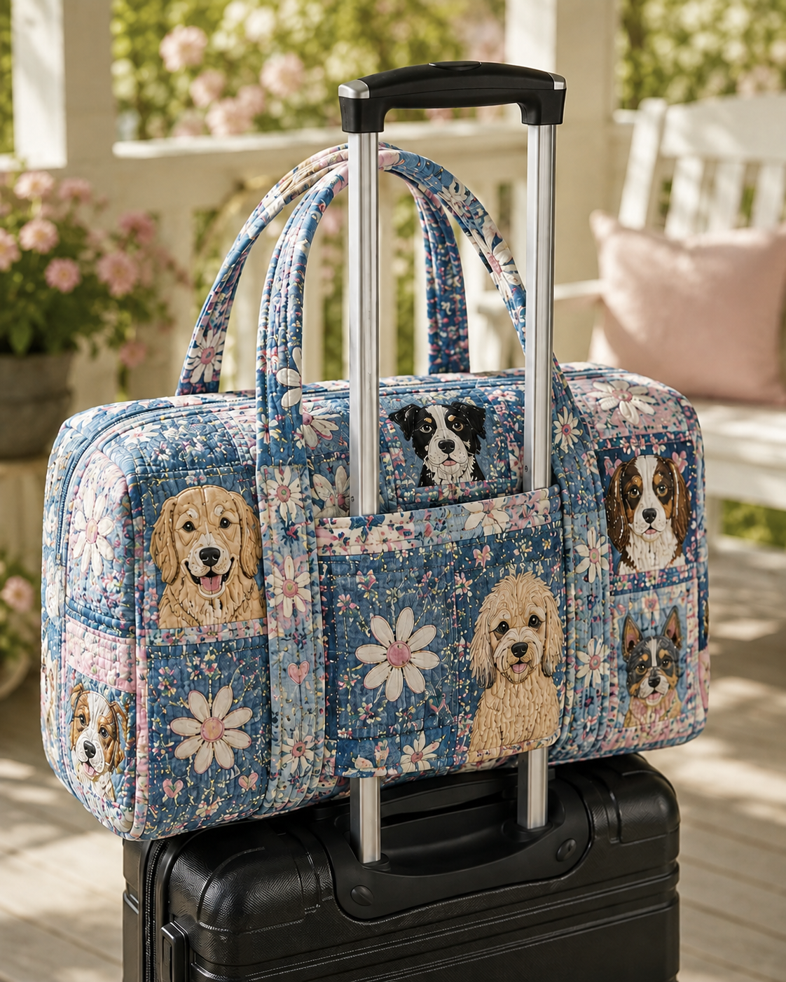 Blue Floral Dog Patchwork Quilted Weekender Bag With Trolley Sleeve