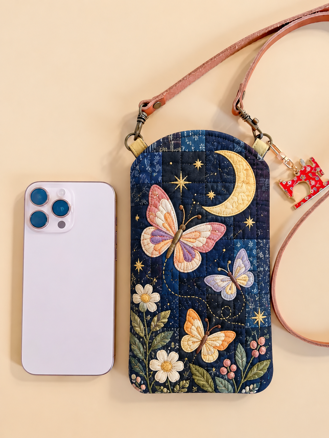Midnight Butterfly Floral Quilted Slim Phone Crossbody Bag