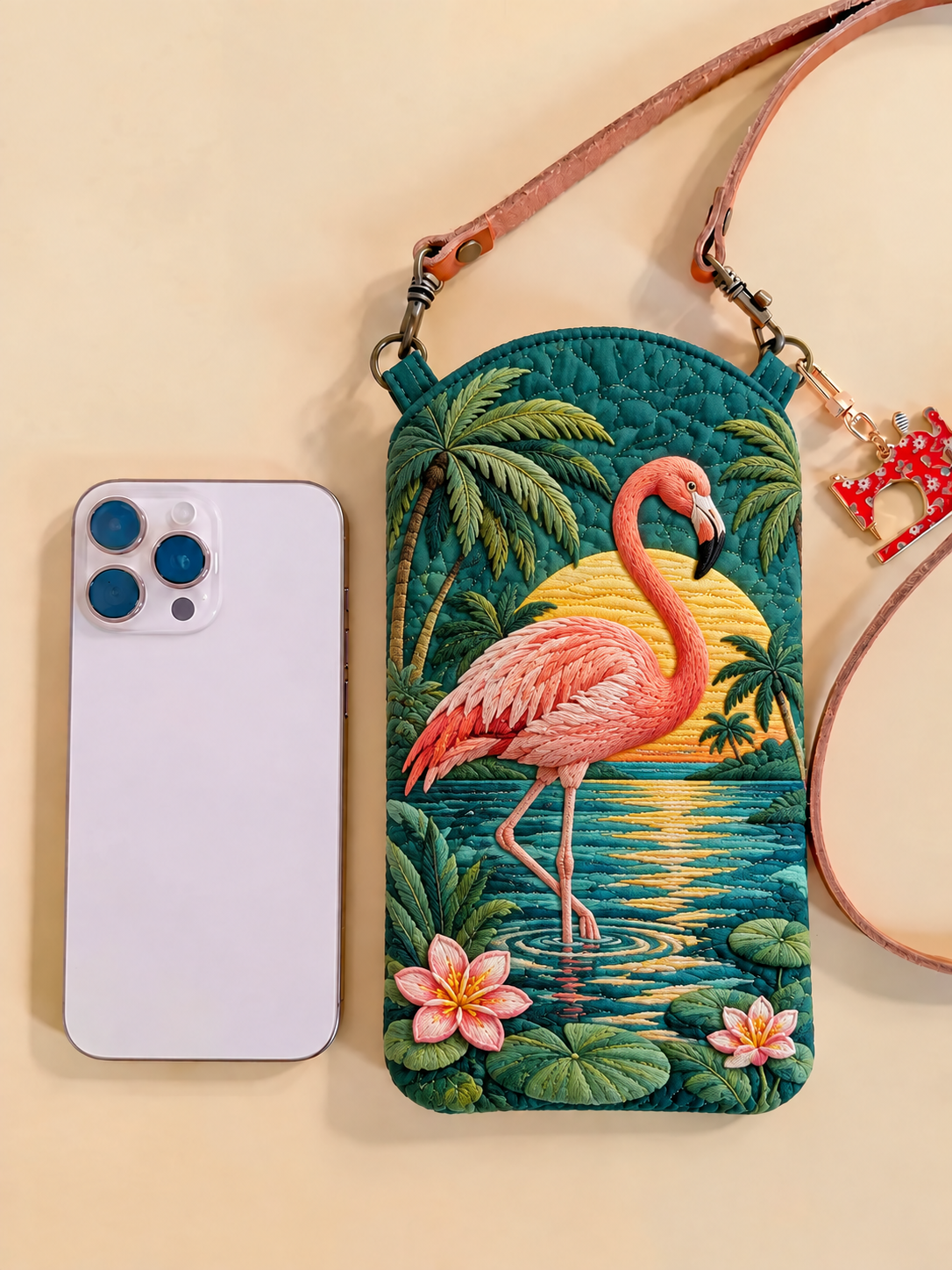 Sunset Flamingo Paradise Quilted Slim Phone Crossbody Bag