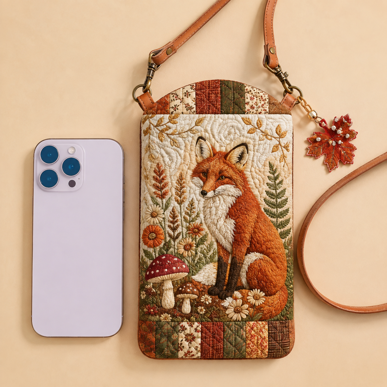 Autumn Fox Woodland Floral Quilted Slim Phone Crossbody Bag