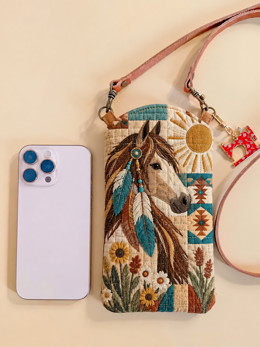 Boho Horse Feather Dreamcatcher Quilted Slim Phone Crossbody Bag