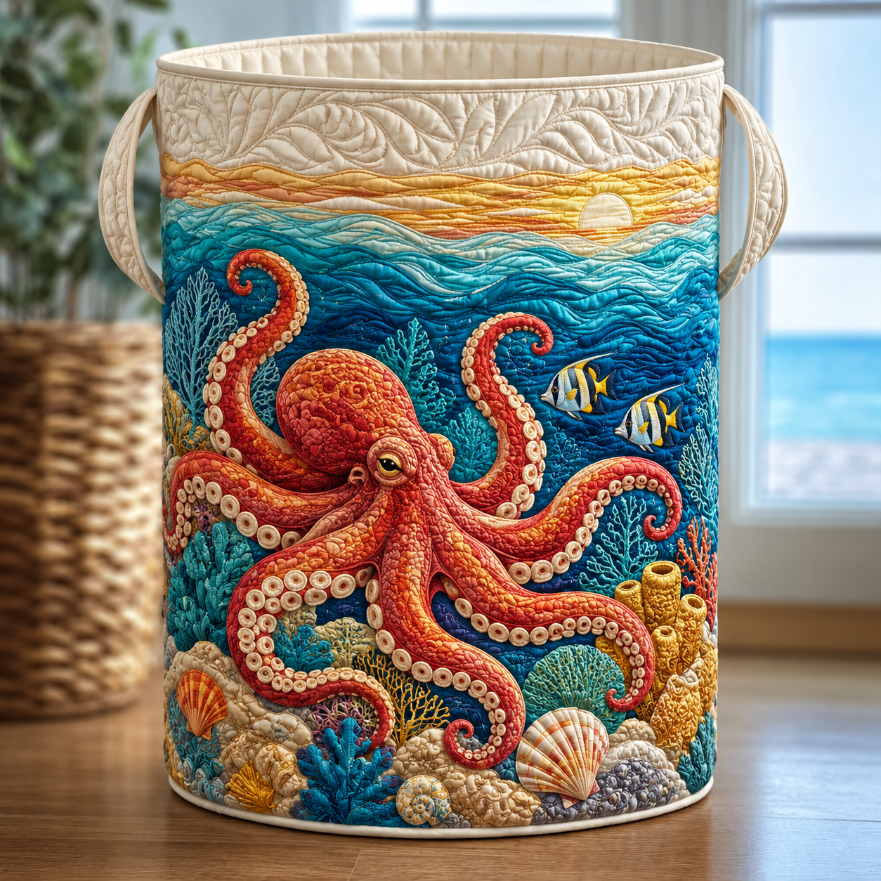 Octopus Coral Reef Quilted Laundry Basket