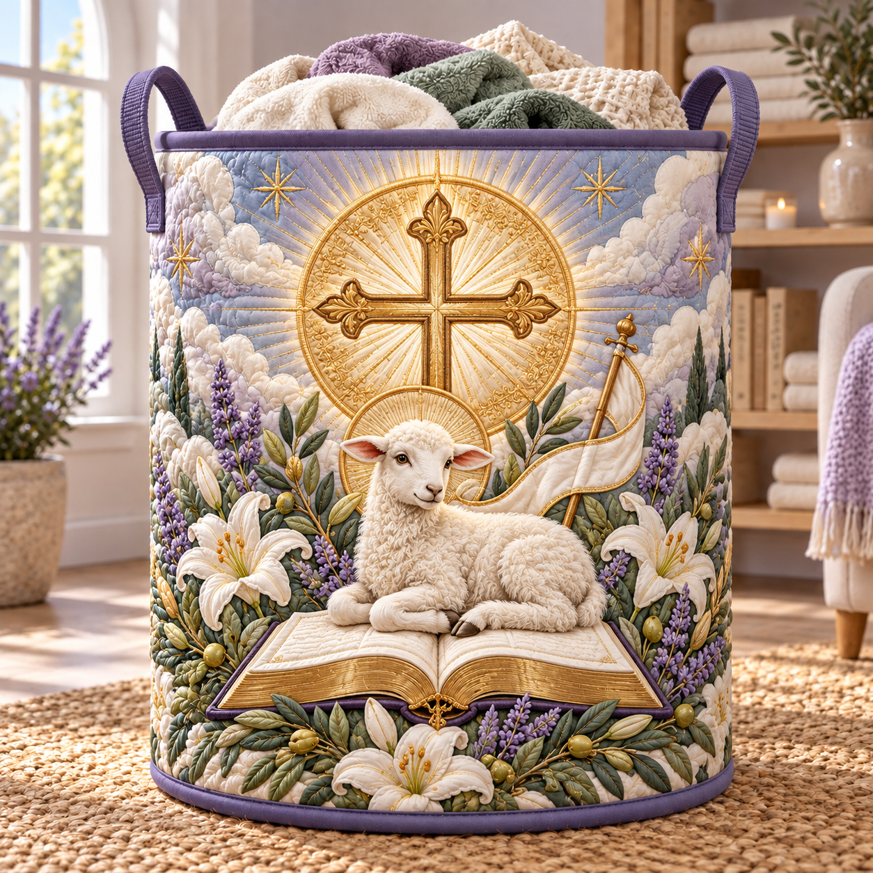Cross & Lamb Open Bible Quilted Laundry Basket