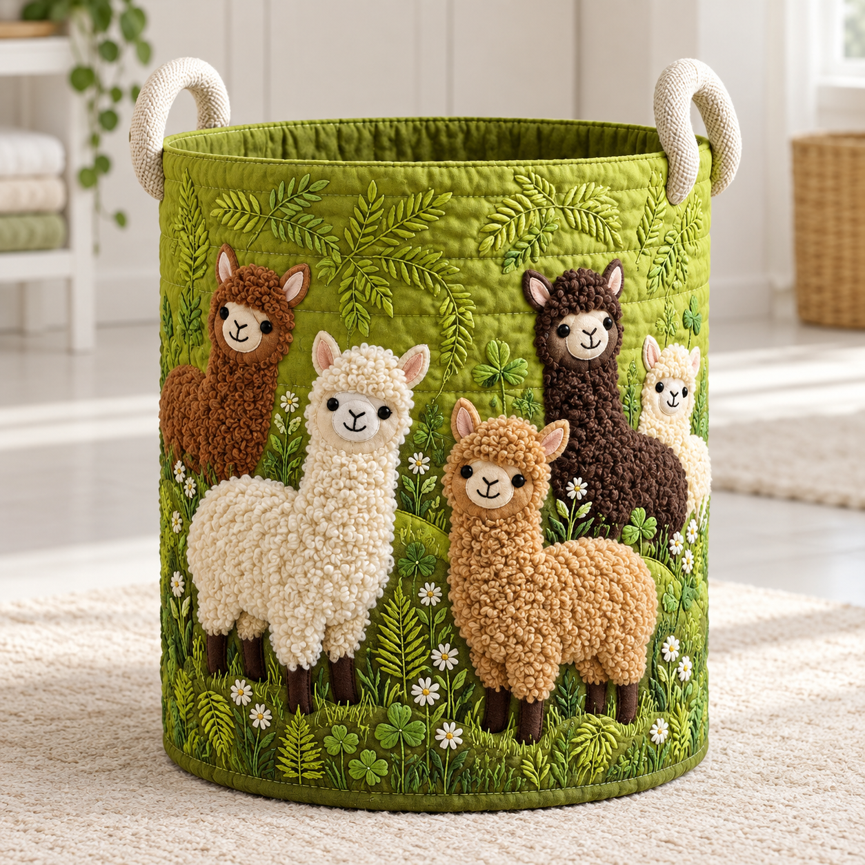 Alpaca Family Meadow Quilted Laundry Basket