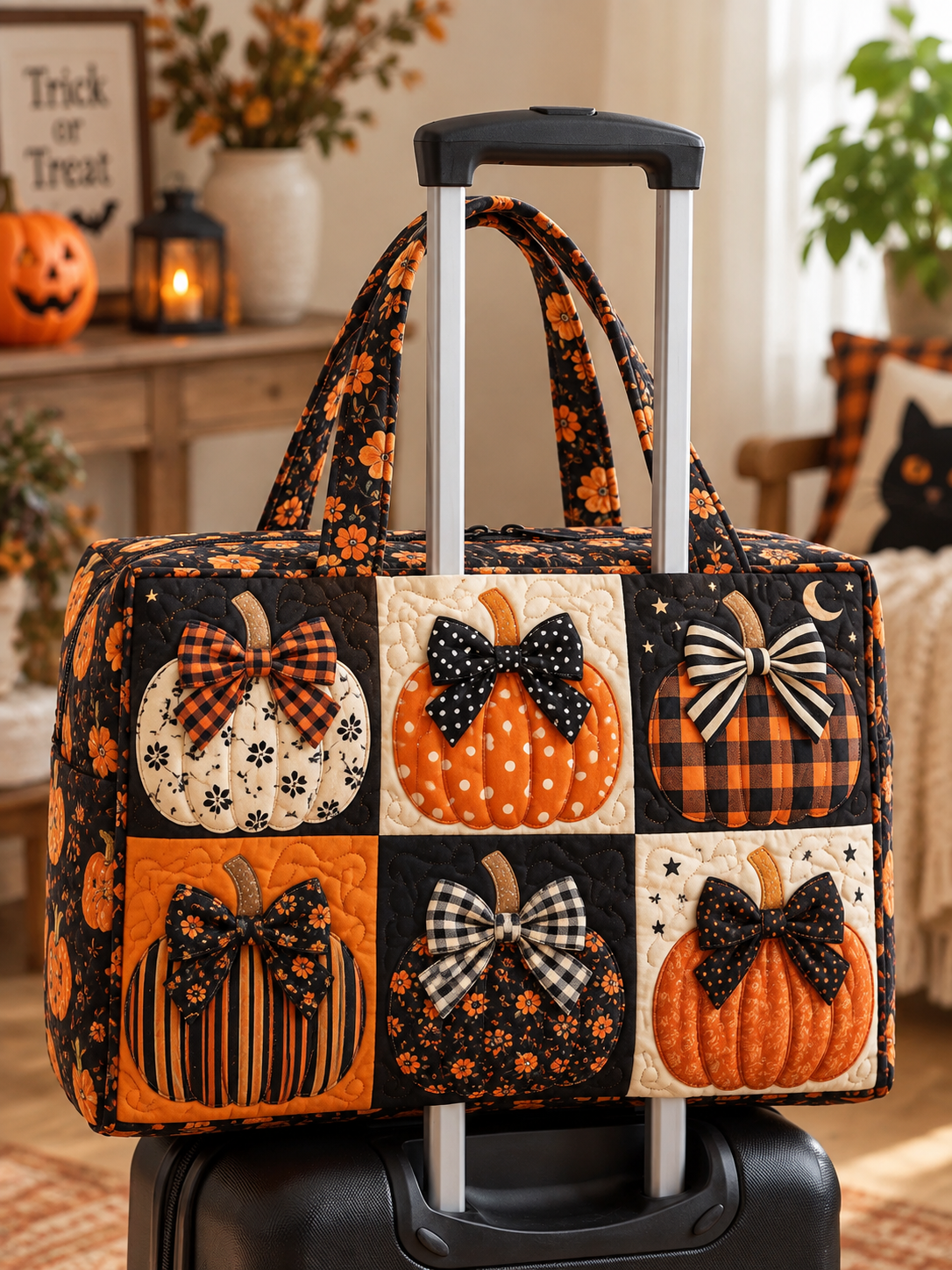 Pumpkin Bow Patchwork Quilted Weekender Bag With Trolley Sleeve