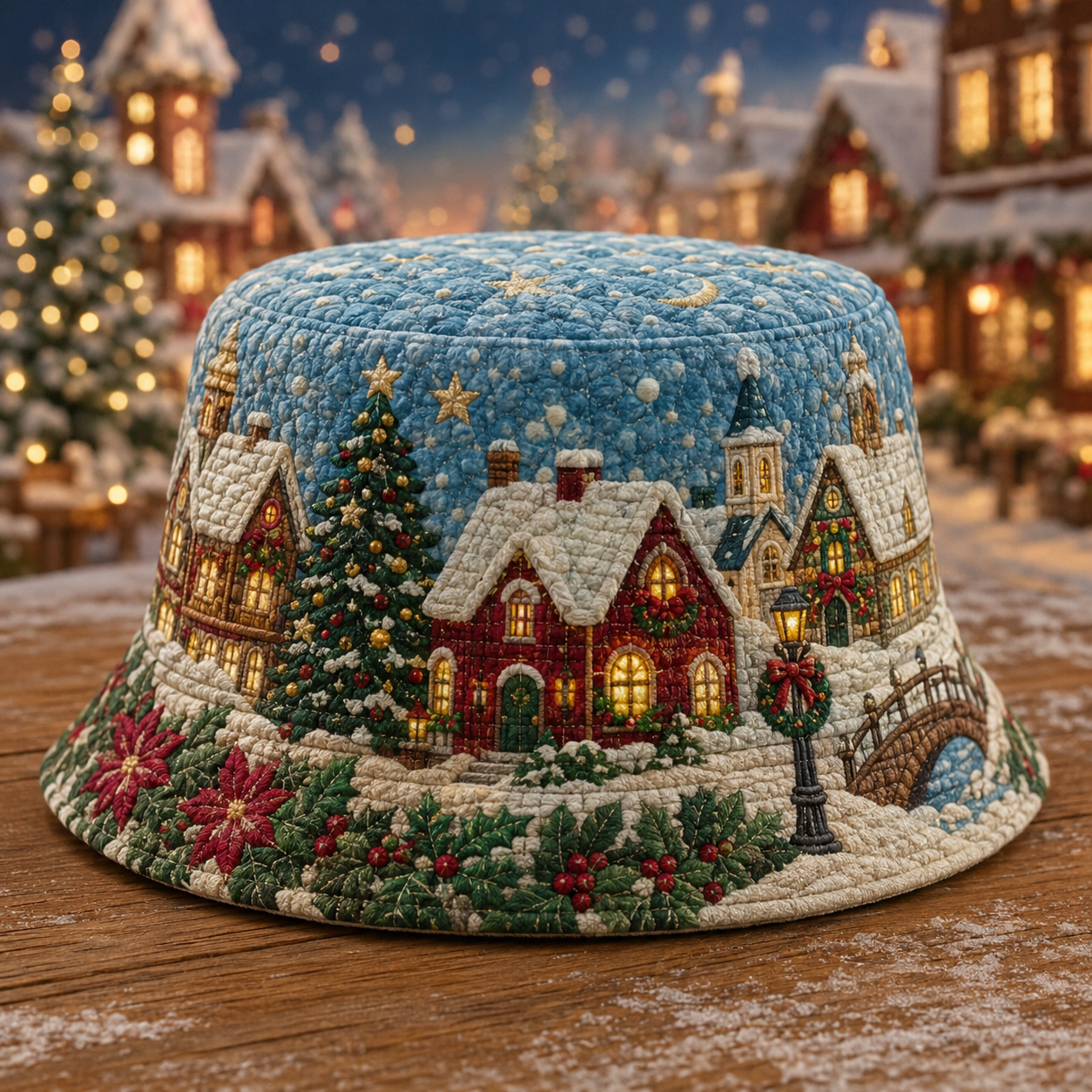Snowy Christmas Village Quilted Fishing Hat