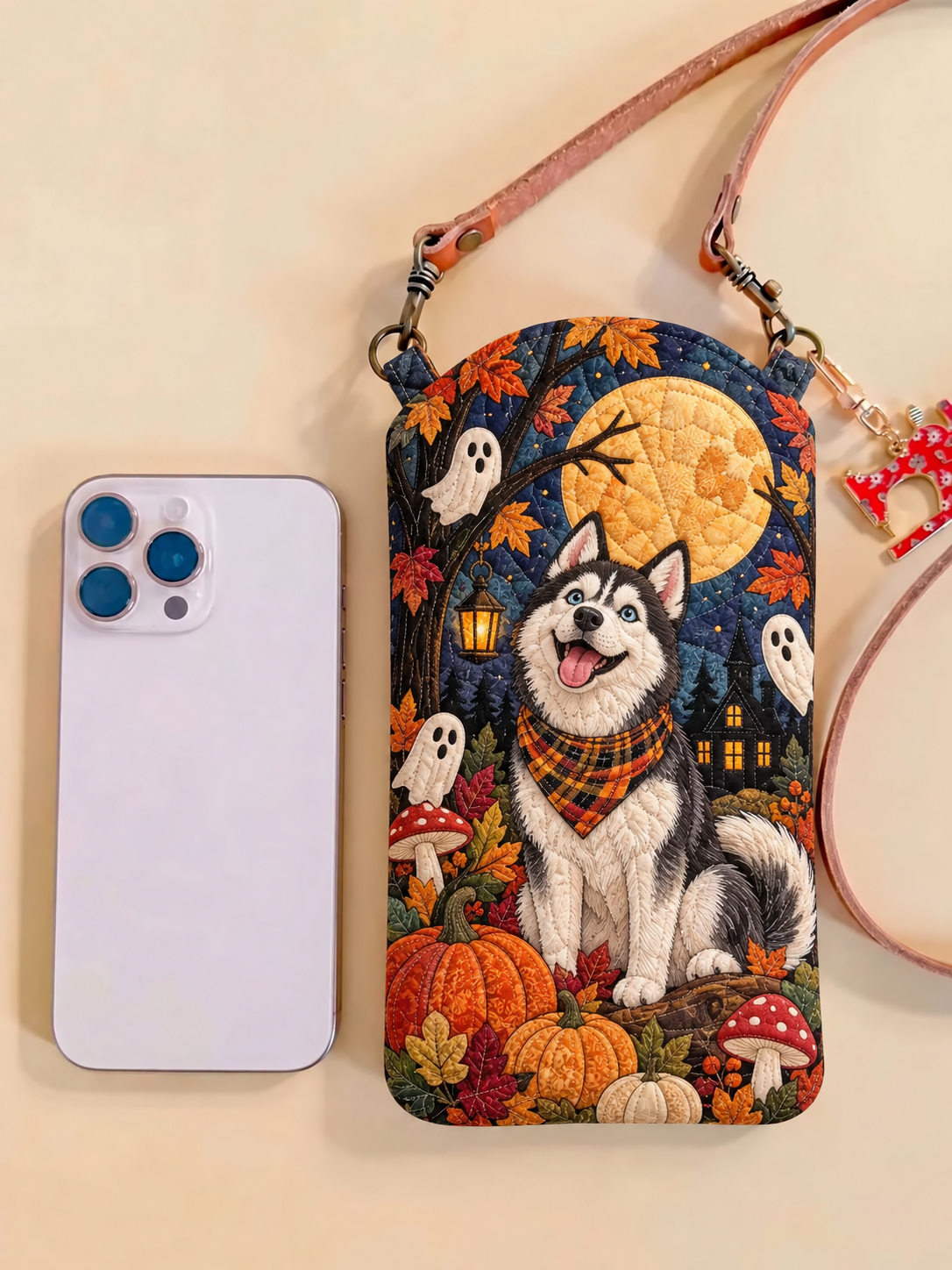 Halloween Husky Moonlight Quilted Slim Phone Crossbody Bag