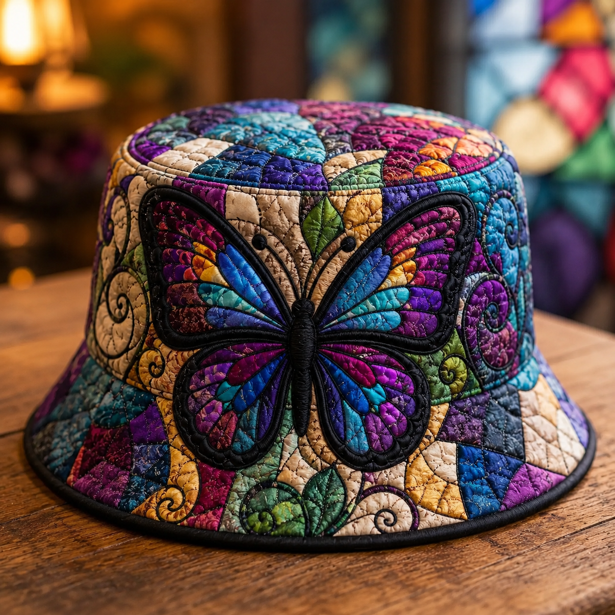 Stained Glass Rainbow Butterfly Quilted Fishing Hat
