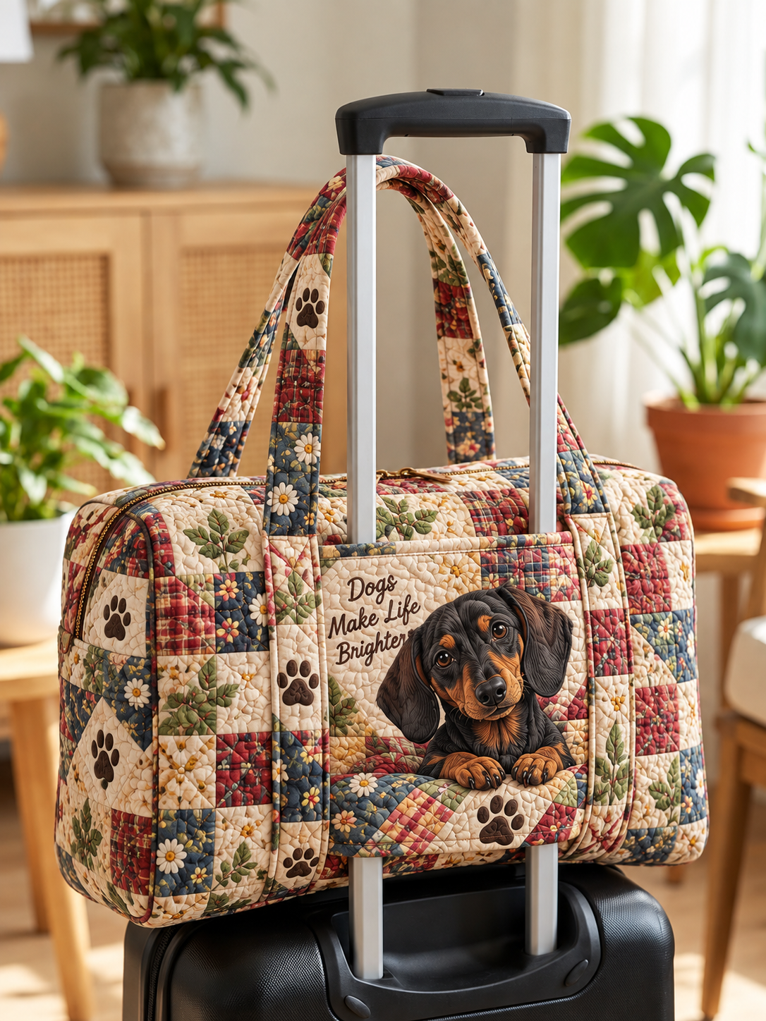 Dachshund Patchwork Portrait Quilted Weekender Bag With Trolley Sleeve