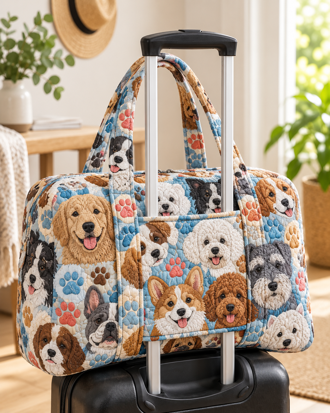 Colorful Puppy Patchwork Quilted Weekender Bag With Trolley Sleeve