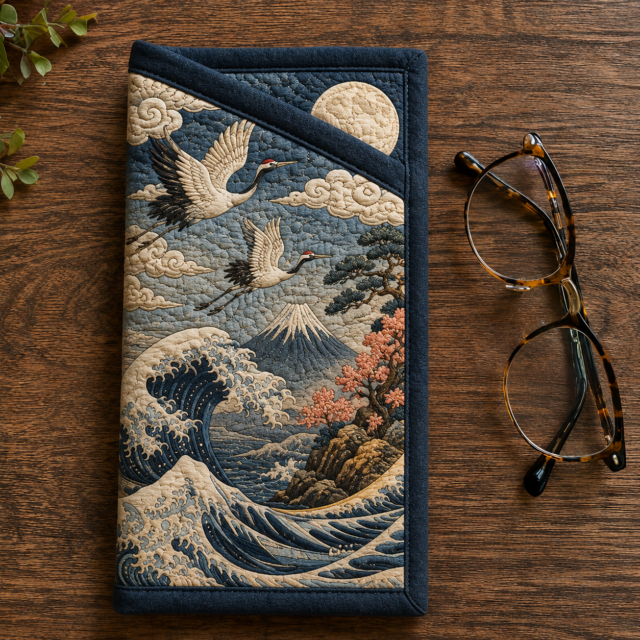 Ocean Wave & Flying Crane Quilted Eyeglass Case
