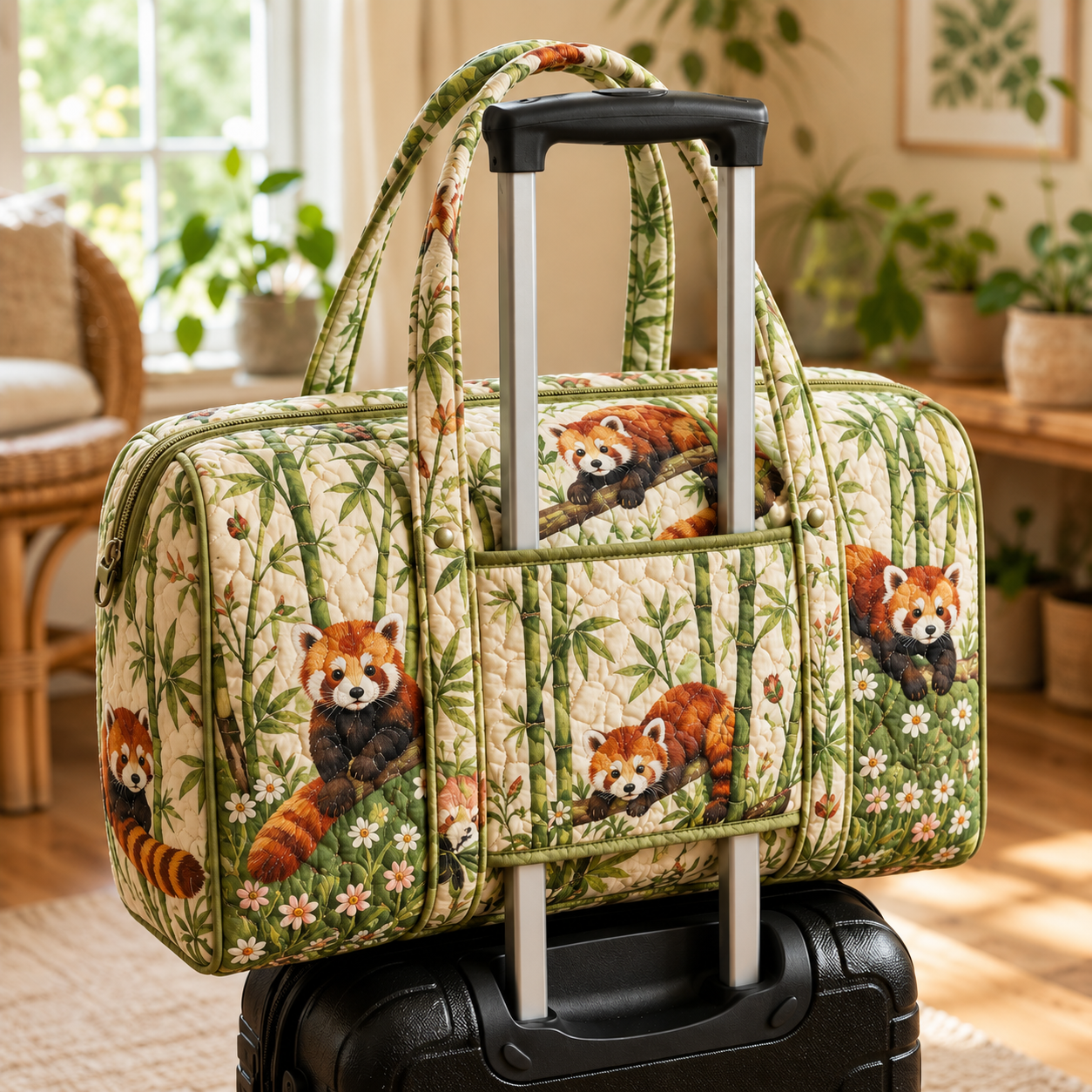 Red Panda Bamboo Garden Quilted Weekender Bag With Trolley Sleeve