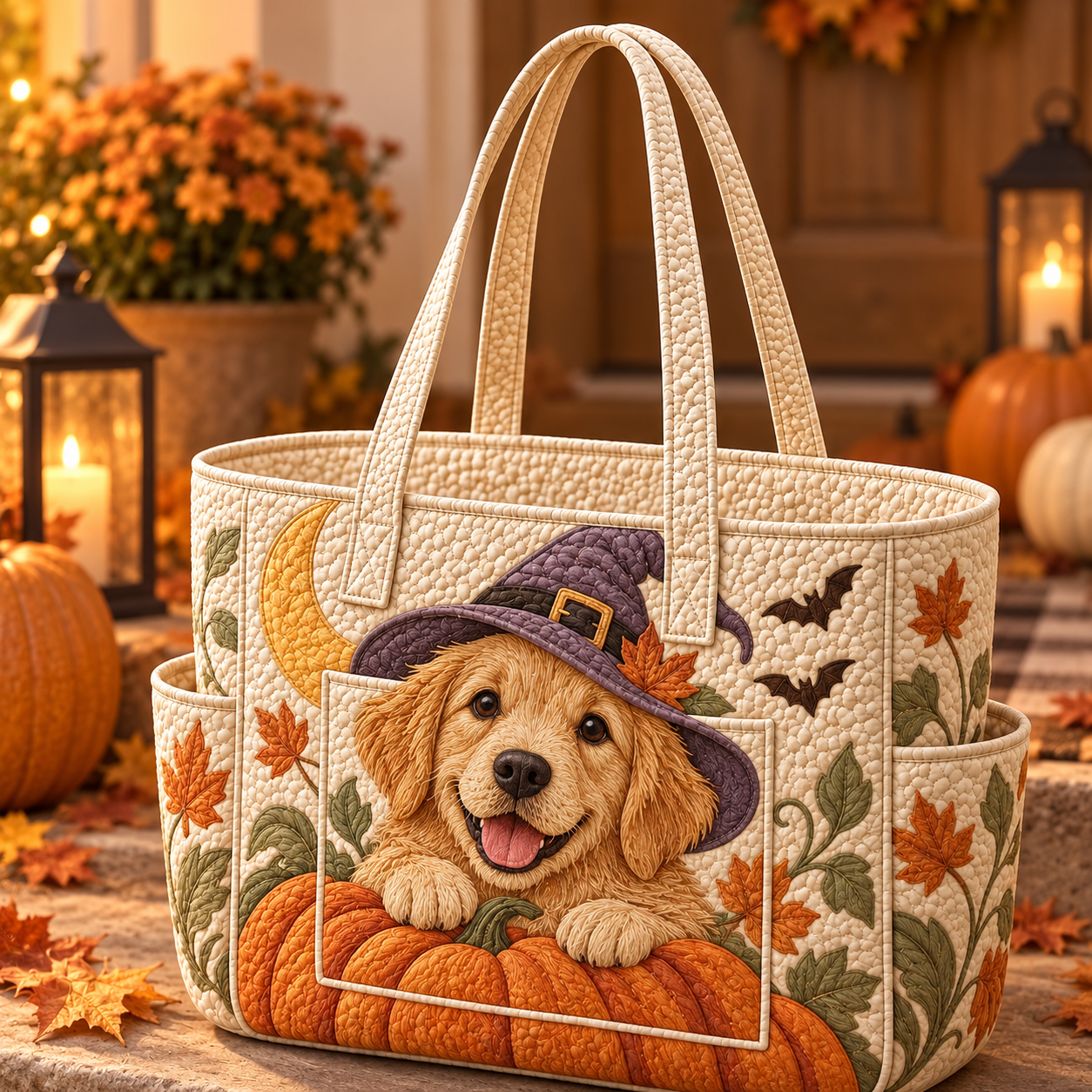Golden Retriever Witch Hat Pumpkin Multiple Pockets Quilted Tote Bag