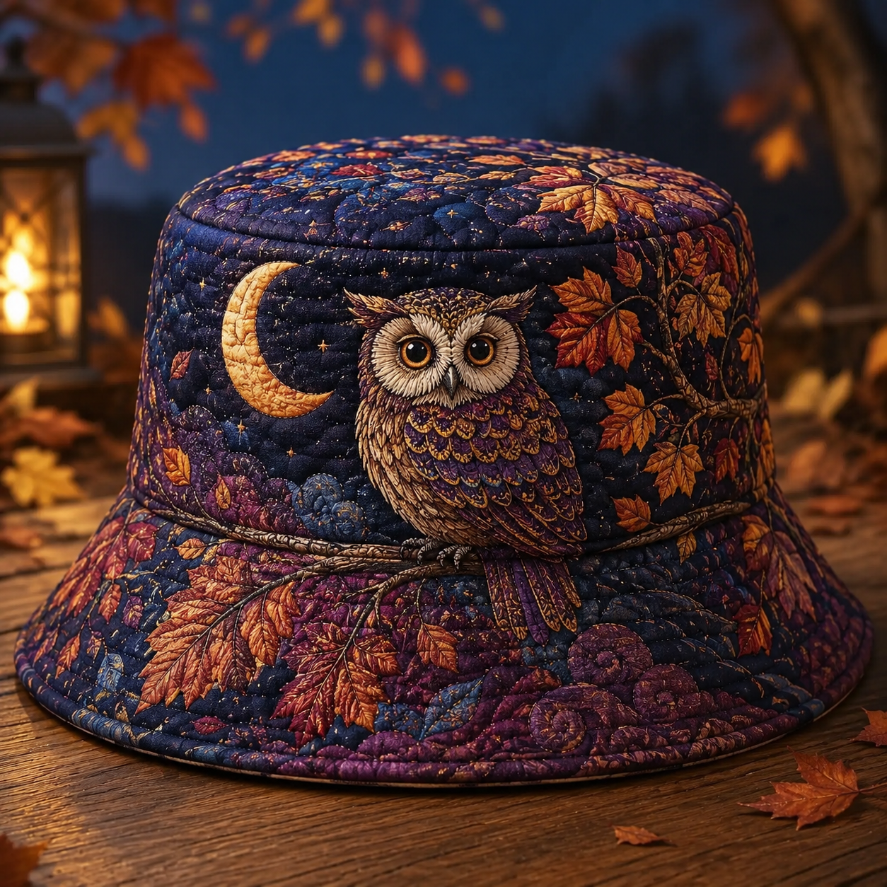 Moonlit Owl Fall Leaves Quilted Fishing Hat