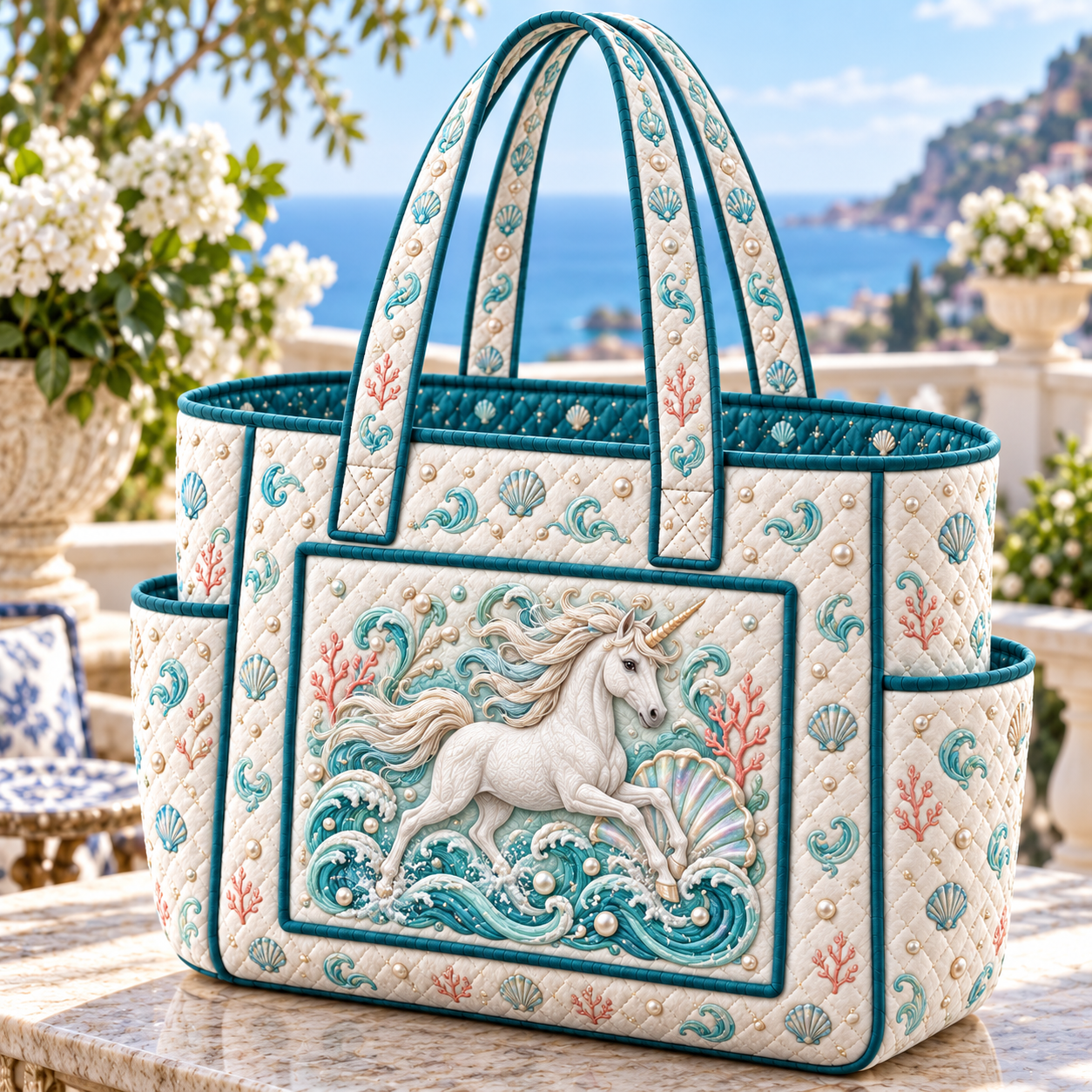 Ocean Breeze Unicorn Multiple Pockets Quilted Tote Bag