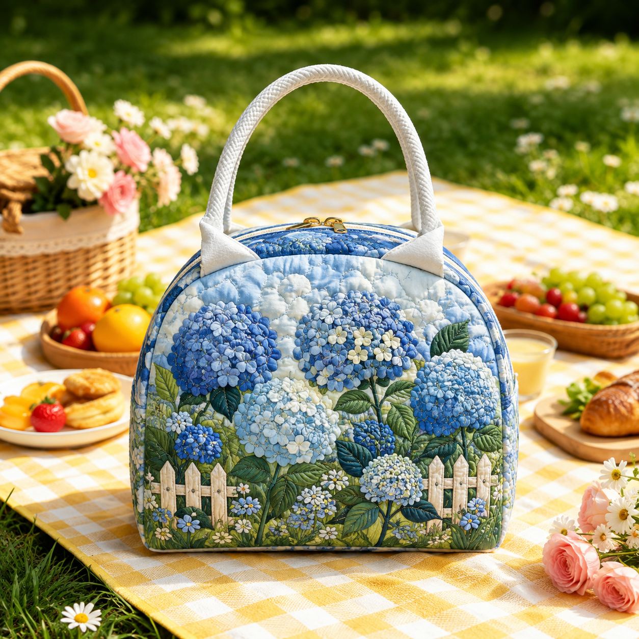 Blue Hydrangea Garden Quilted Lunch Bag