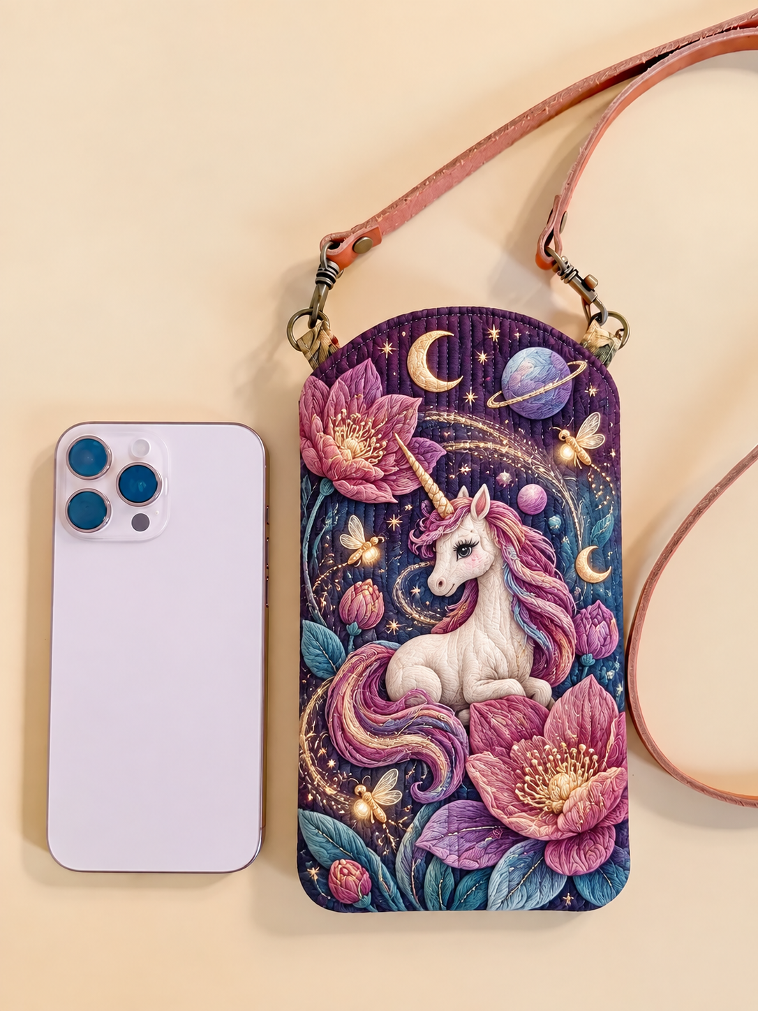 Celestial Lotus Unicorn Quilted Slim Phone Crossbody Bag