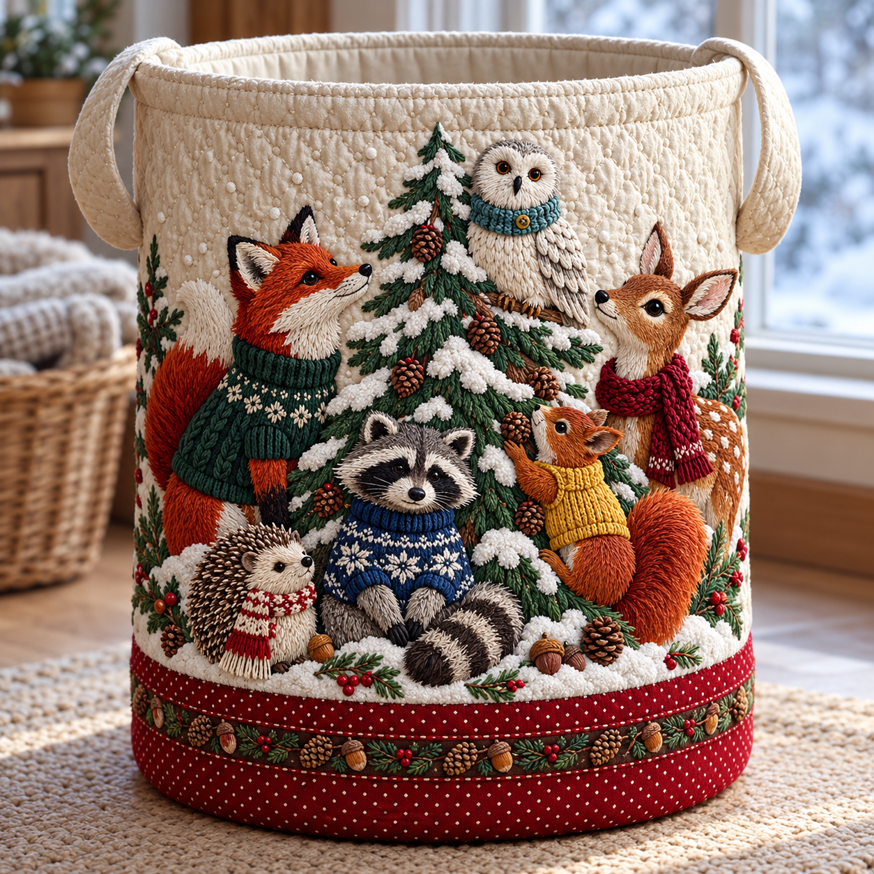 Woodland Christmas Animal Gathering Quilted Laundry Basket