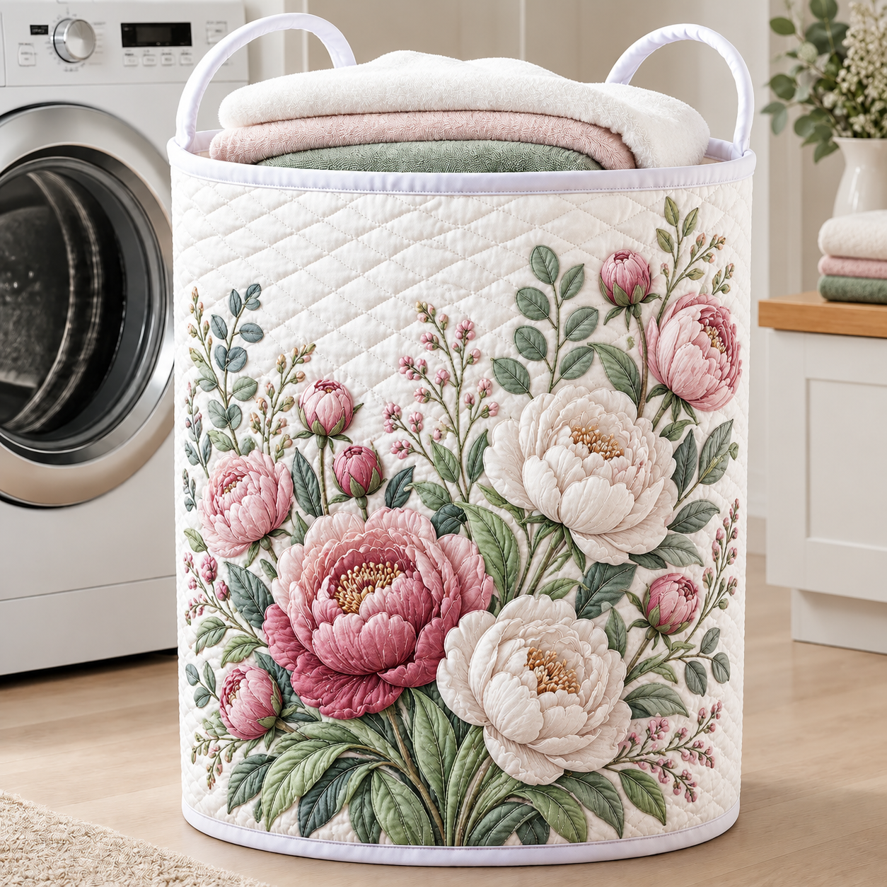 Peony Rose Elegance Quilted Laundry Basket