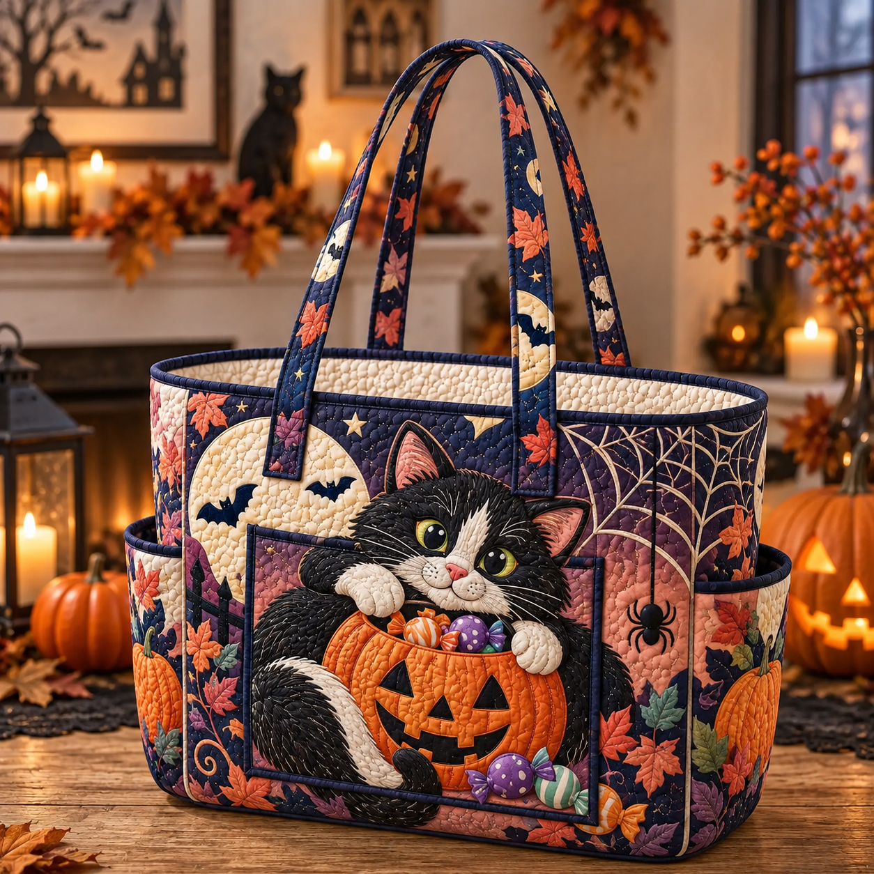 Cat Multiple Pockets Quilted Tote Bag