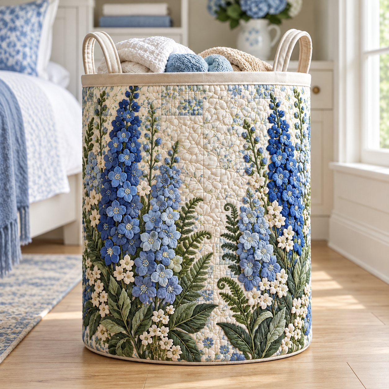 Blue Delphinium Garden Quilted Laundry Basket