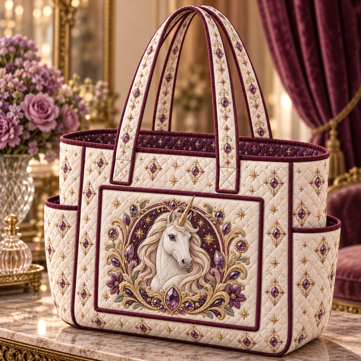 Royal Cameo Unicorn Multiple Pockets Quilted Tote Bag