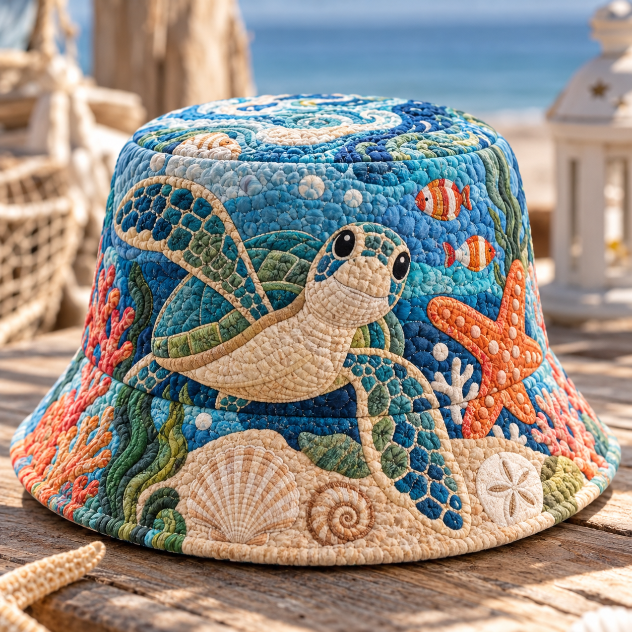 Sea Turtle & Starfish Ocean Quilted Fishing Hat