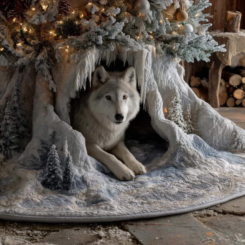 Snowy Wolf Quilted Tree Skirt