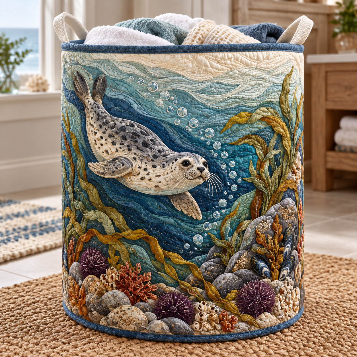 Spotted Seal Underwater Quilted Laundry Basket