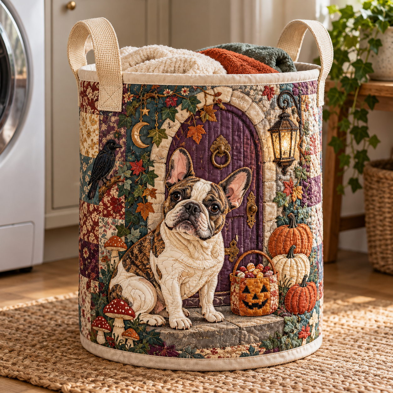 French Bulldog Haunted House Quilted Laundry Basket