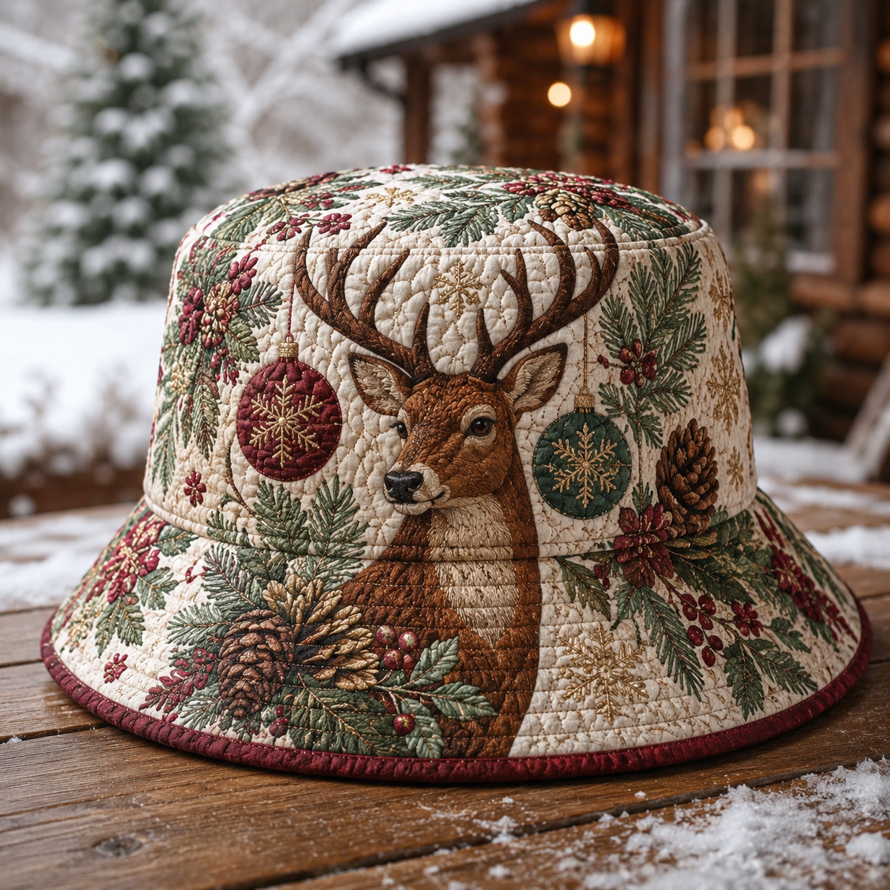 Woodland Reindeer Ornament Quilted Fishing Hat