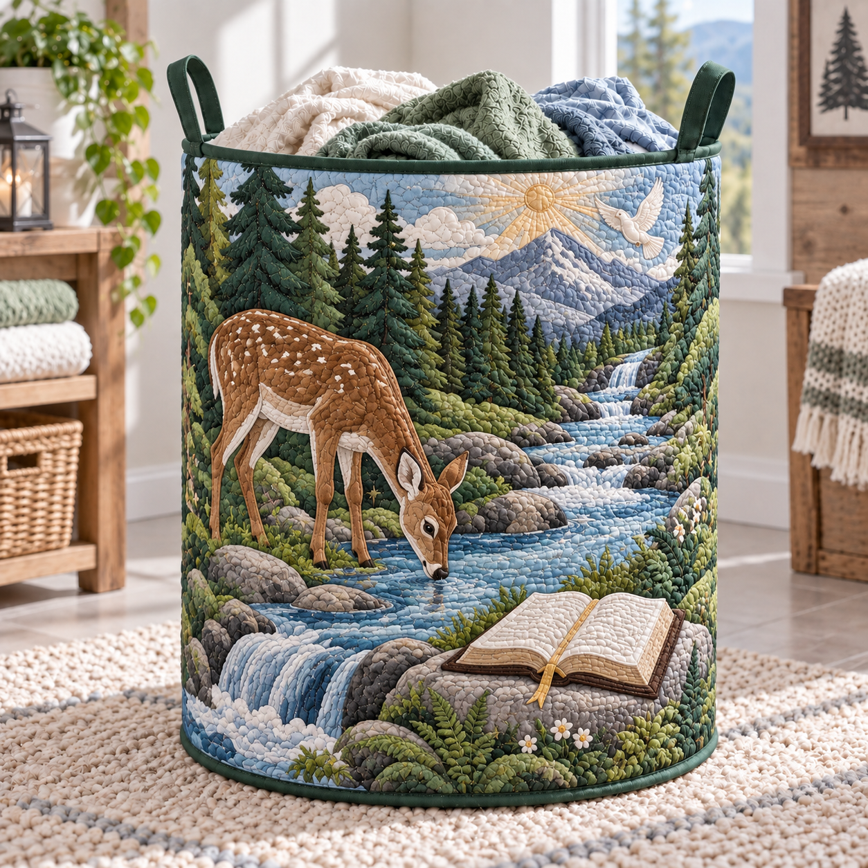 Deer by the River Bible Scene Quilted Laundry Basket
