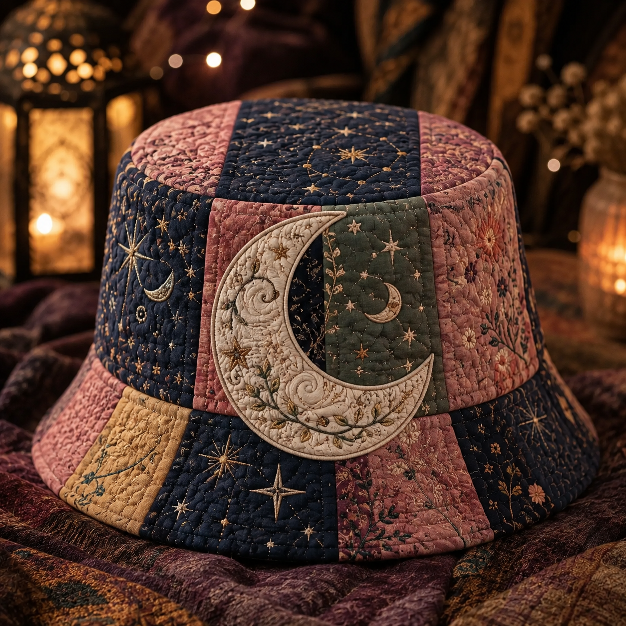 Celestial Moon Patchwork Quilted Fishing Hat