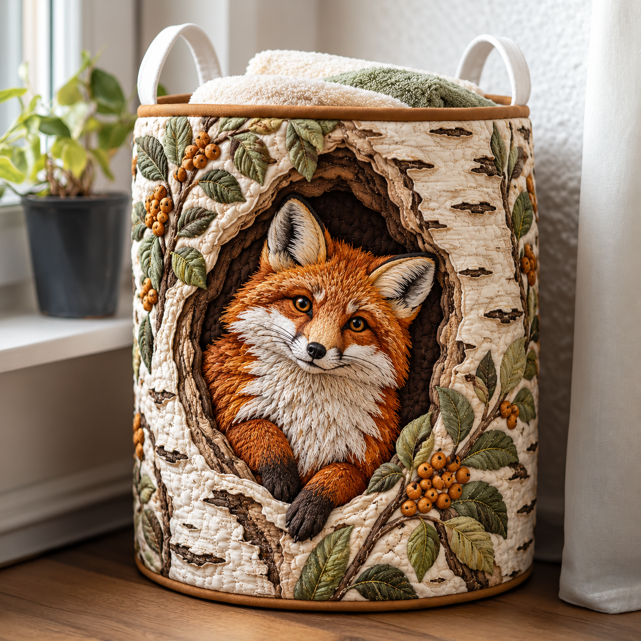 Fox in Birch Forest Quilted Laundry Basket