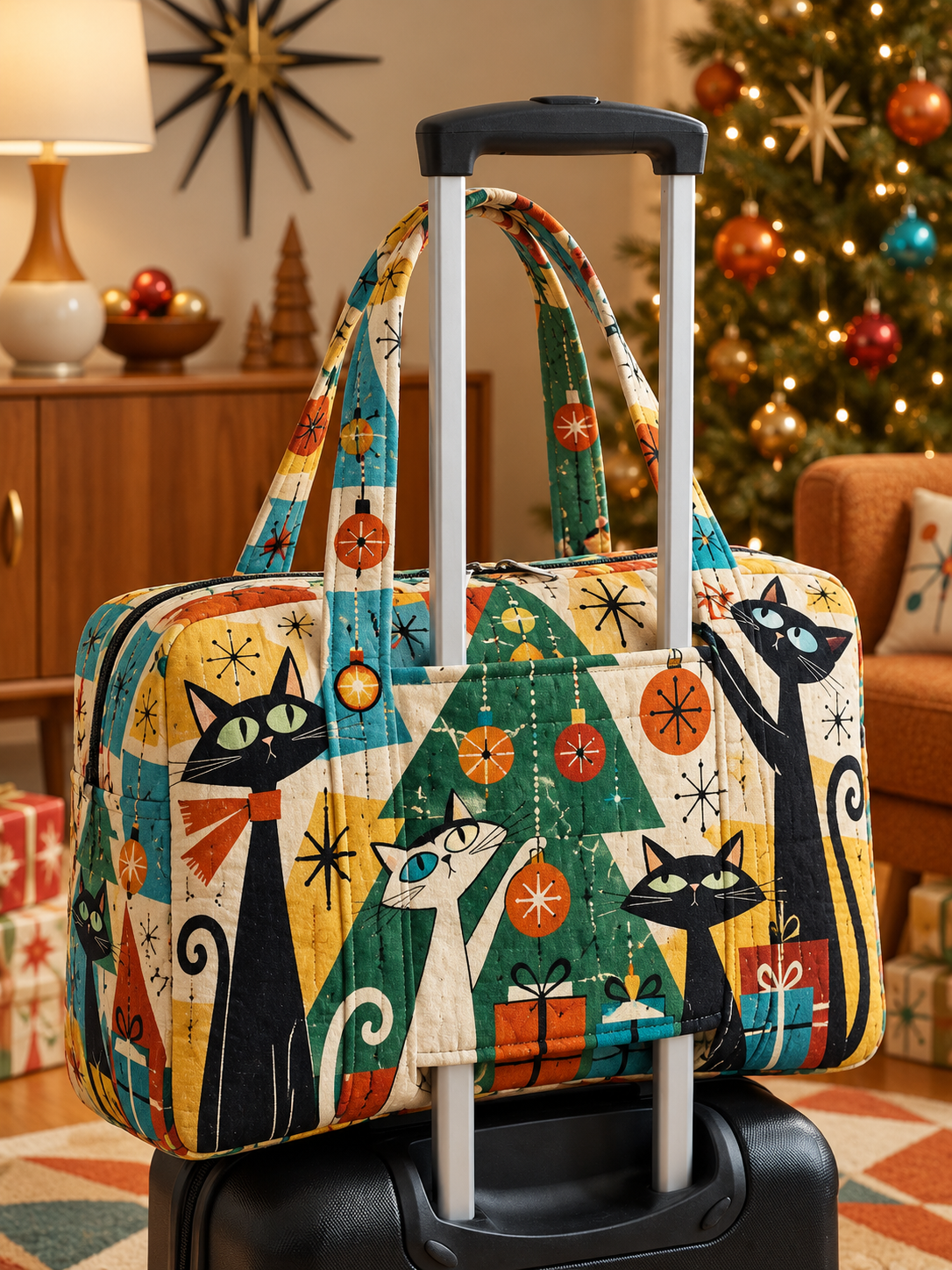 Retro Cat Christmas Tree Quilted Weekender Bag With Trolley Sleeve
