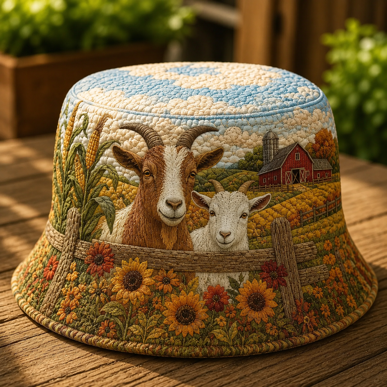Sunflower Goat & Kid Farm Quilted Fishing Hat