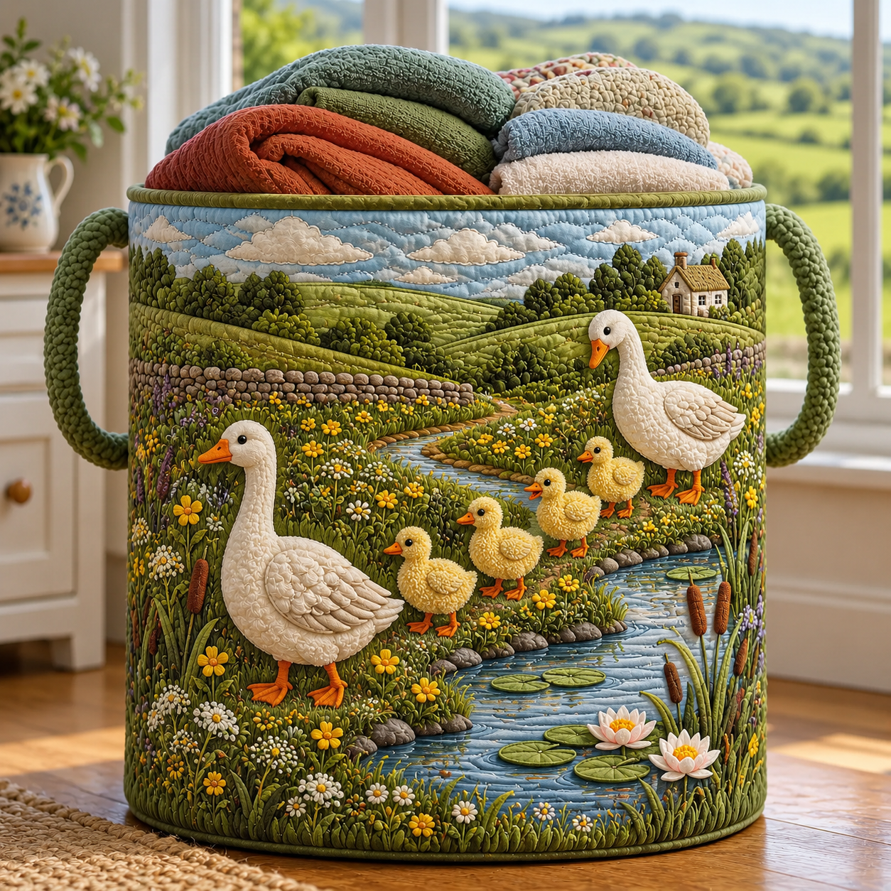 Duck Family Pondside Quilted Laundry Basket
