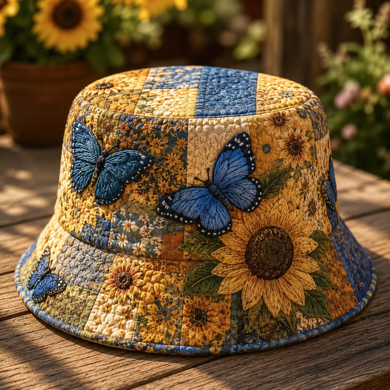 Sunflower Blue Butterfly Quilted Fishing Hat