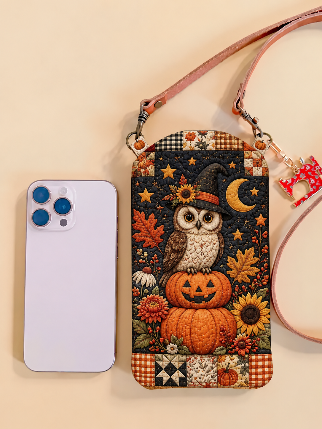 Owl & Pumpkin Halloween Quilted Slim Phone Crossbody Bag