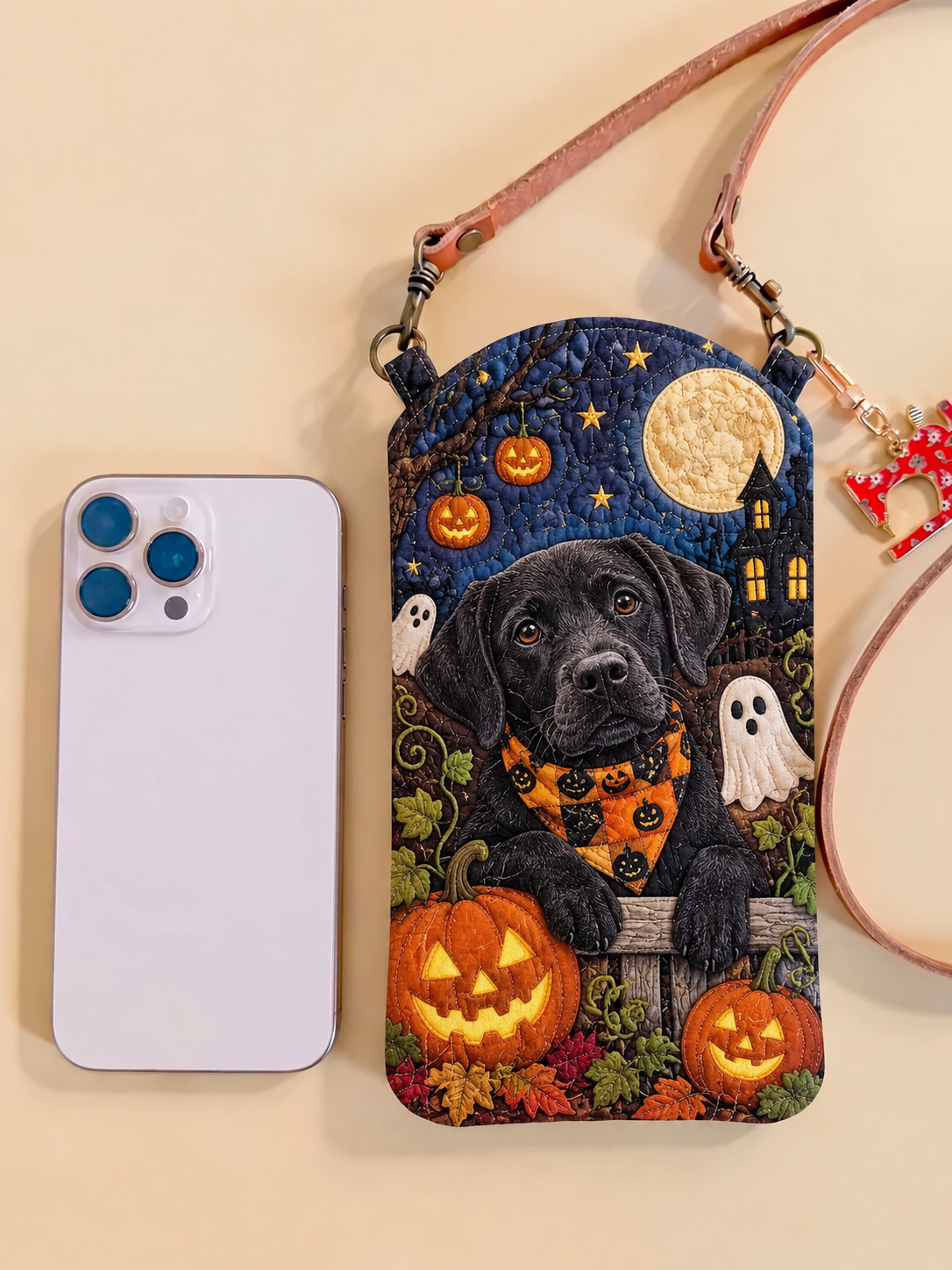 Black Labrador Spooky Pumpkin Quilted Slim Phone Crossbody Bag