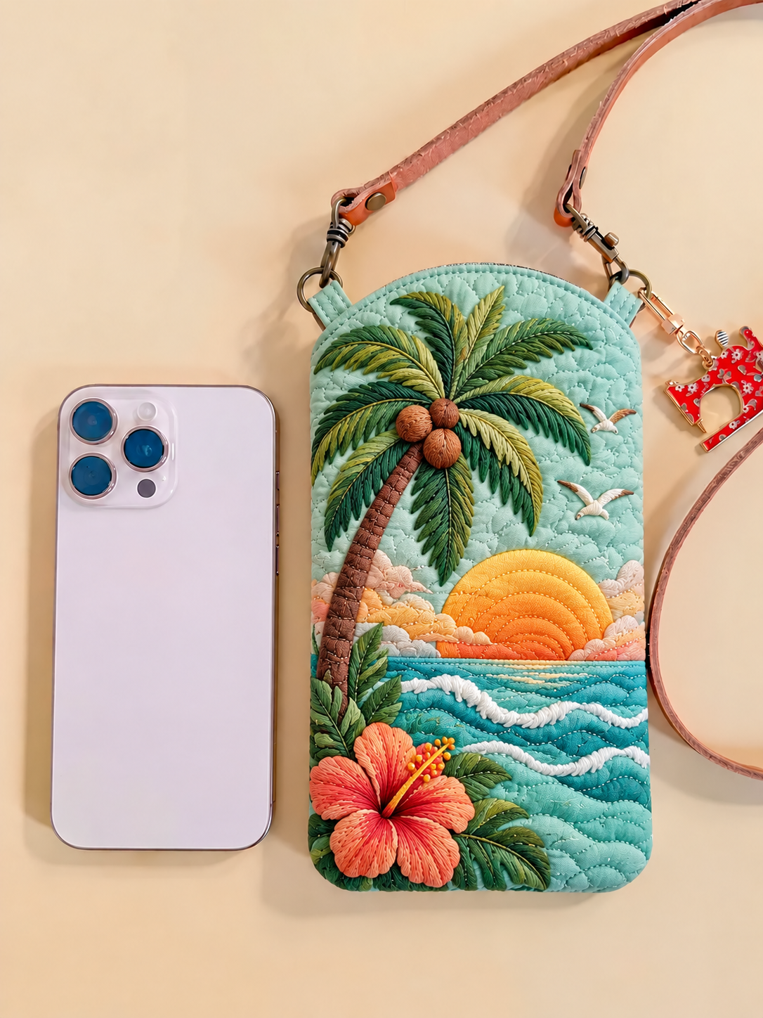 Tropical Sunrise Coast Quilted Slim Phone Crossbody Bag