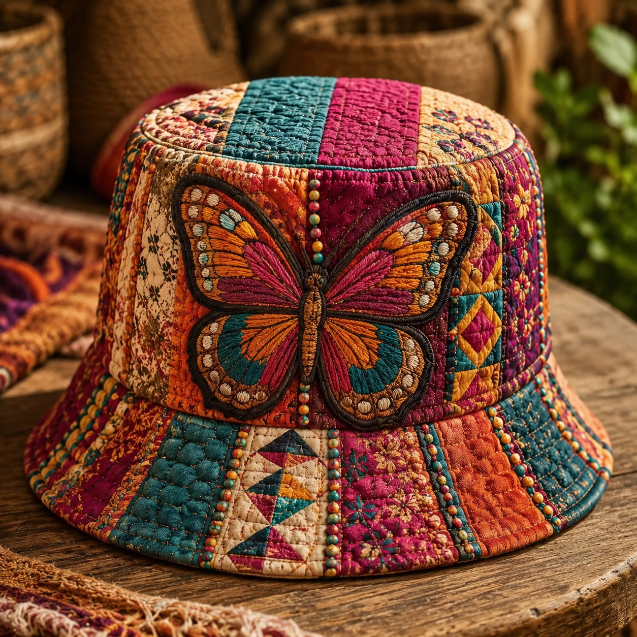 Boho Patchwork Butterfly Quilted Fishing Hat