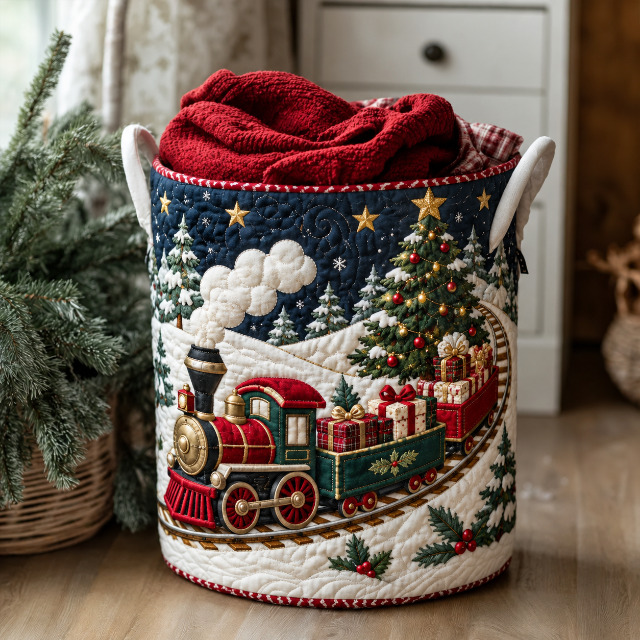 Christmas Train Winter Night Quilted Laundry Basket
