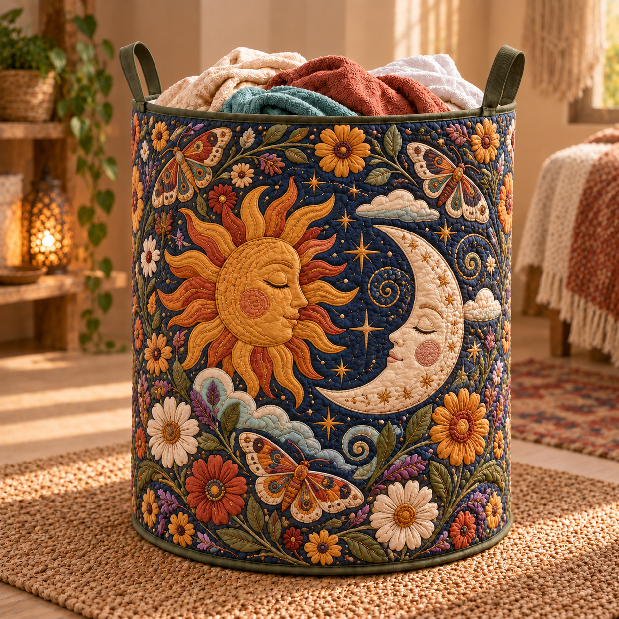 Celestial Sun & Moon Floral Quilted Laundry Basket