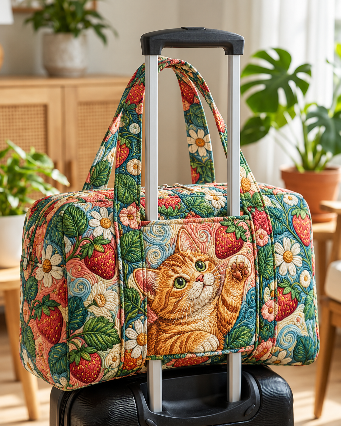 Orange Tabby Strawberry Garden Quilted Weekender Bag With Trolley Sleeve