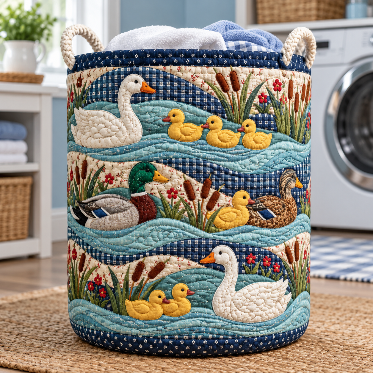 Duck Family Pond Patchwork Quilted Laundry Basket
