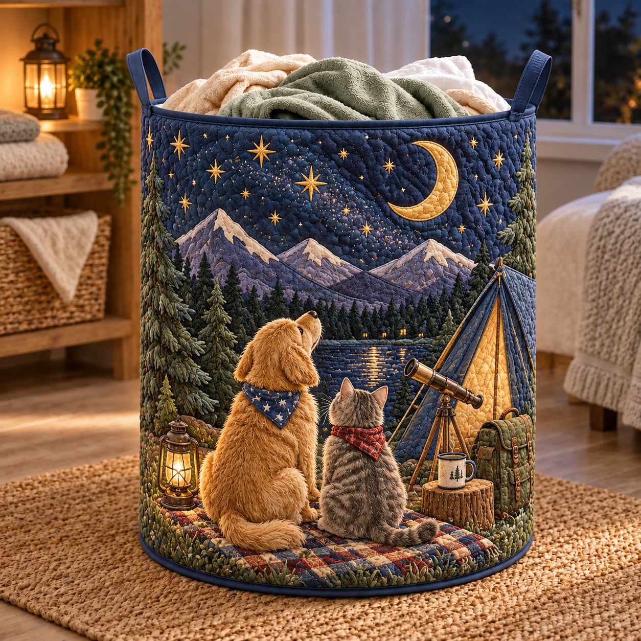 Moonlit Owl Camping Quilted Laundry Basket